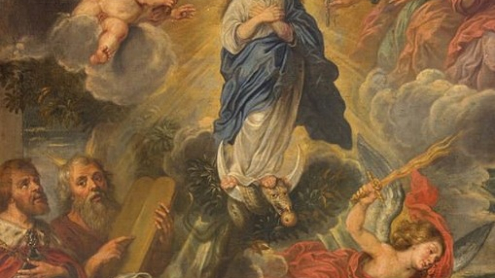 Bruges - The Assumption of Virgin Mary painting in st. Giles church  (Sint Gilliskerk) by unknown painter of 17. cent.