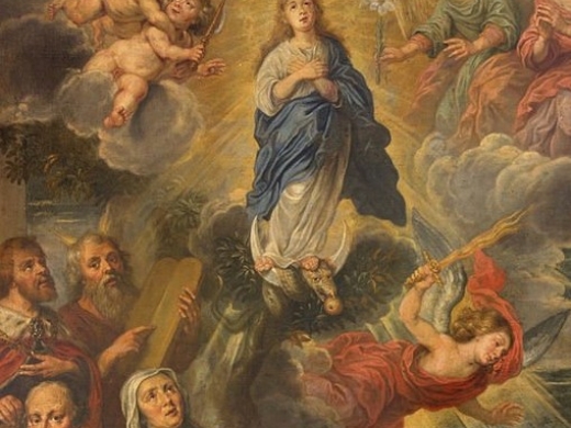 Bruges - The Assumption of Virgin Mary painting in st. Giles church (Sint Gilliskerk) by unknown painter of 17. cent.
